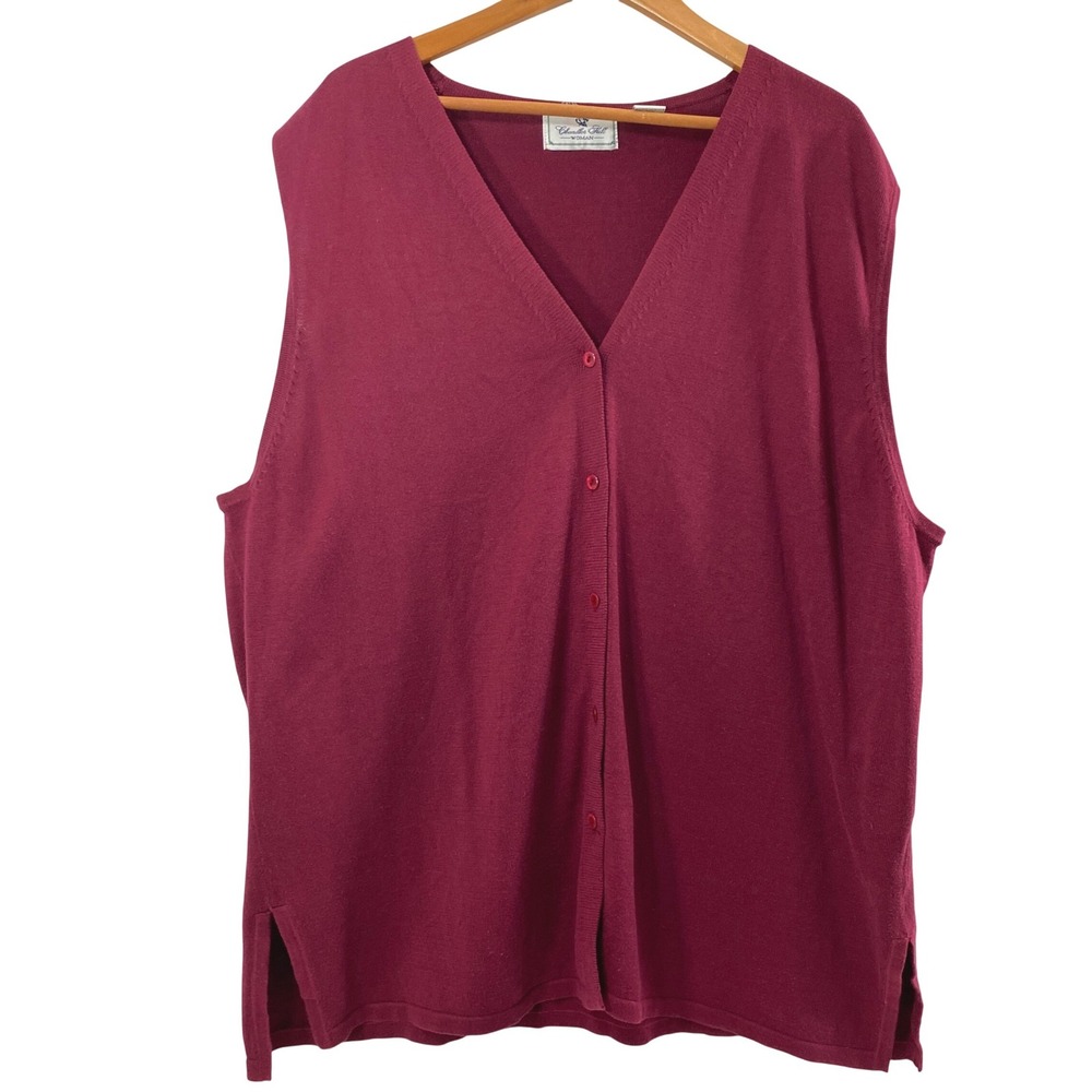 Chandler Hill Sweater Vest Women 3X Burgundy V-Neck Button Front Knit Layering